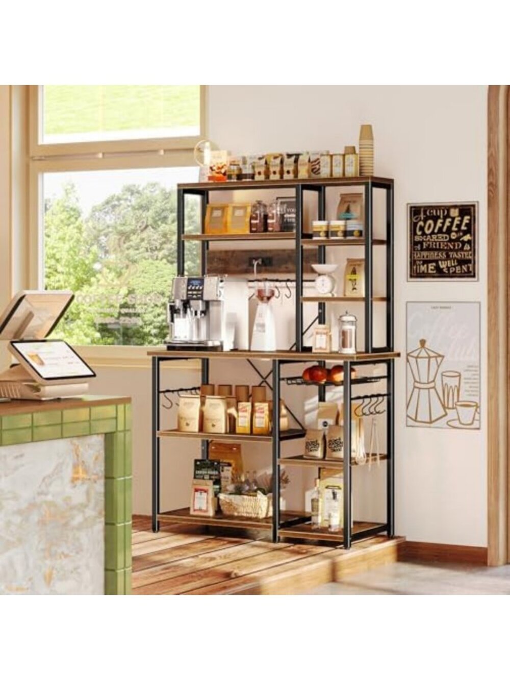 Rustic Brown Large Bakers Rack with Power Outlets - 39.4 Inch Microwave Stand - Picture 2 of 6
